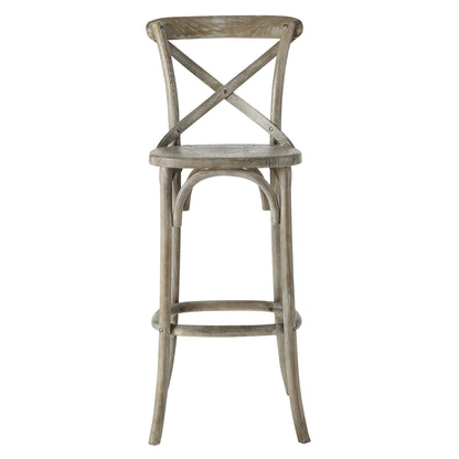 Weathered gray wood bar stool with cross-back, footrest and curved legs; rustic farmhouse style.