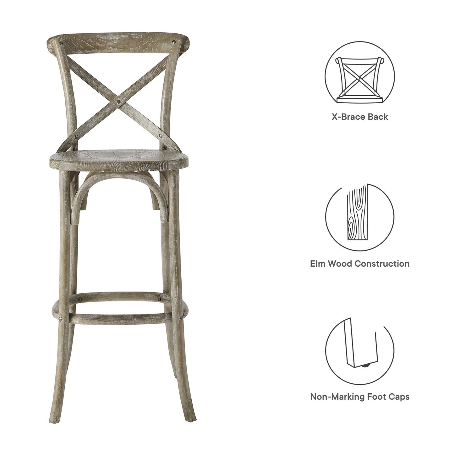 Gray weathered Elm wood bar stool with X-brace back, curved legs and non-marking foot caps.