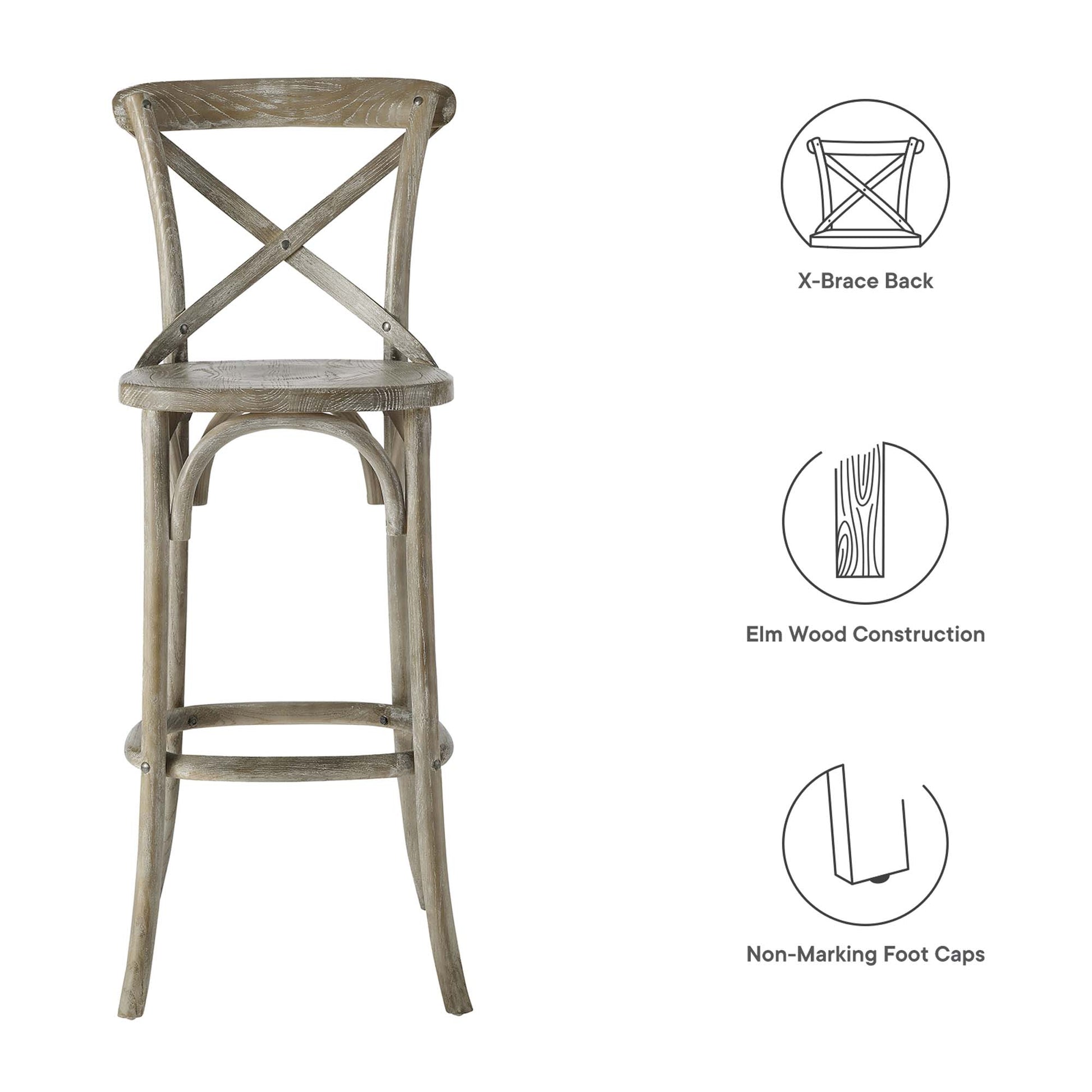 Gray weathered Elm wood bar stool with X-brace back, curved legs and non-marking foot caps.
