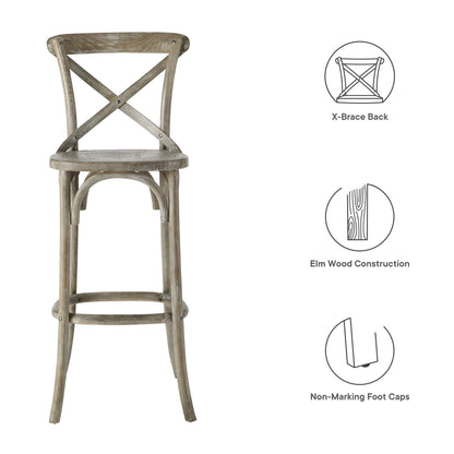 Gray weathered Elm wood bar stool with X-brace back, curved legs and non-marking foot caps.
