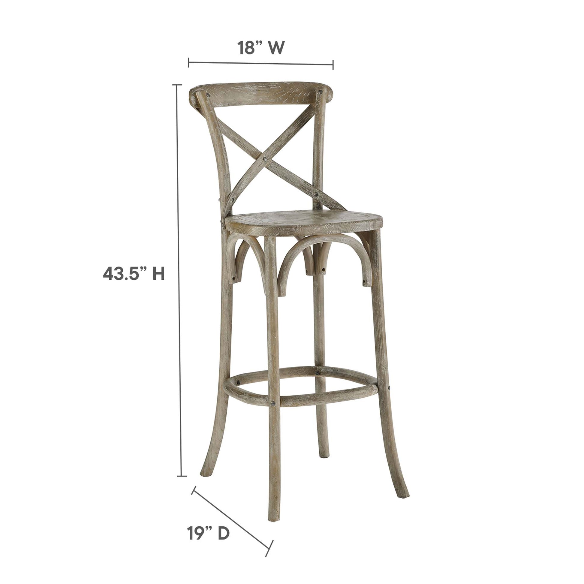 Rustic gray-washed wooden bar stool with X-back, curved arch legs and circular footrest, 43.5H x 18W.