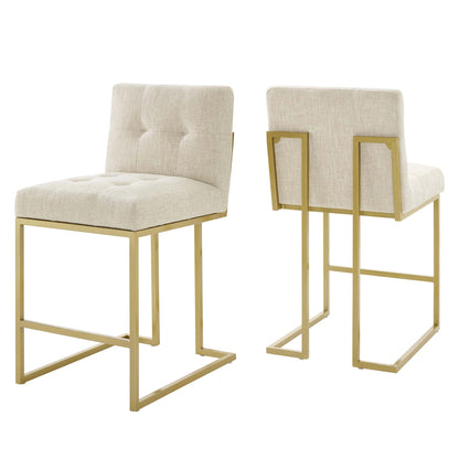 Pair of brown tufted upholstered counter stools with metal frames, padded backrests and square cantilever bases.
