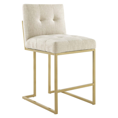 Brown tufted fabric counter stools set of 2 with gold metal cantilever frames and upholstered backrests.