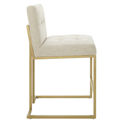 Beige tufted upholstered counter stools with gold-finish metal cantilever frames, modern design (set of 2).