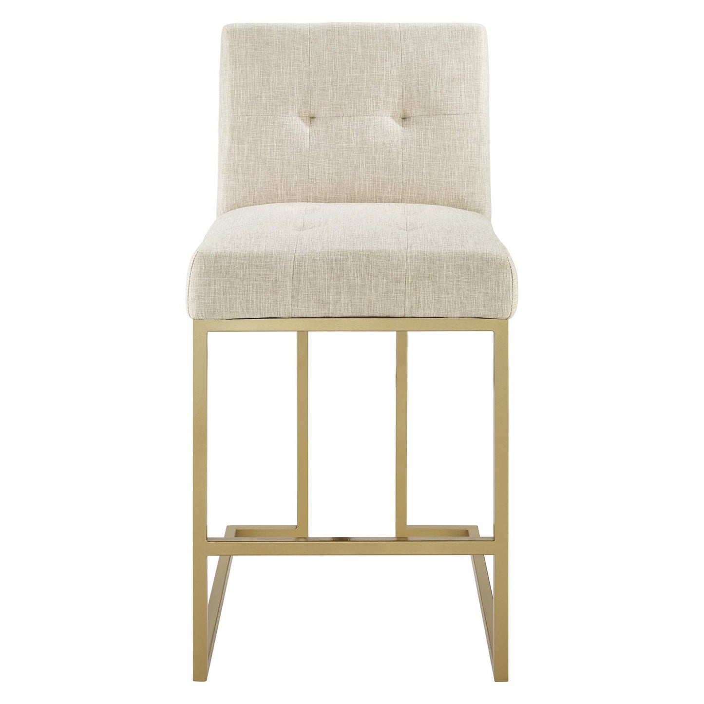 Beige upholstered counter stools with tufted backs, gold metal frames, modern counter-height seating, set of 2.