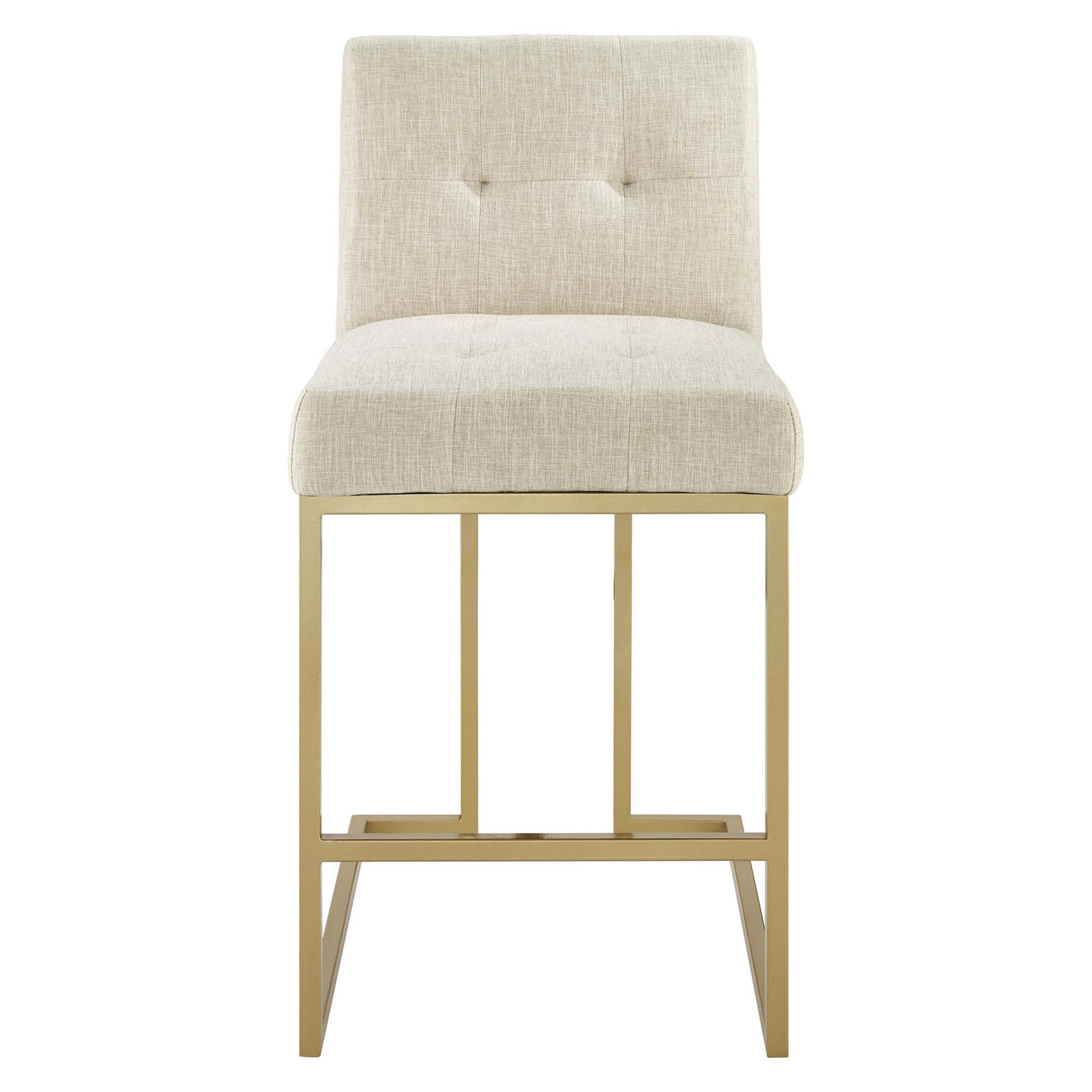 Beige upholstered counter stools with tufted backs, gold metal frames, modern counter-height seating, set of 2.