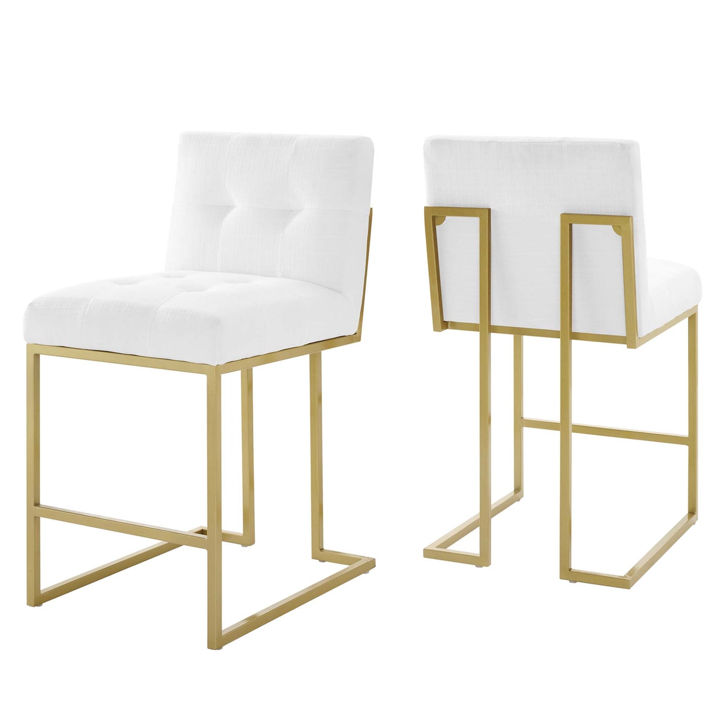 Pair of white tufted counter stools with gold square metal frames.