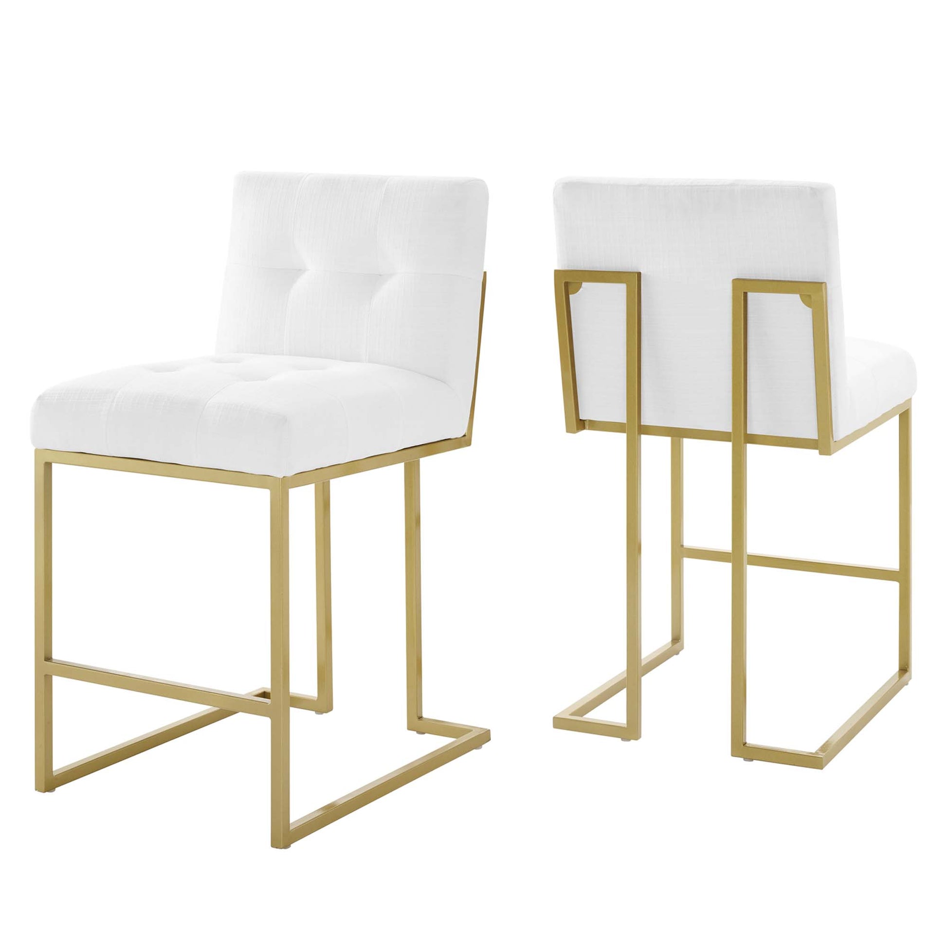 Pair of white tufted counter stools with gold square metal frames.