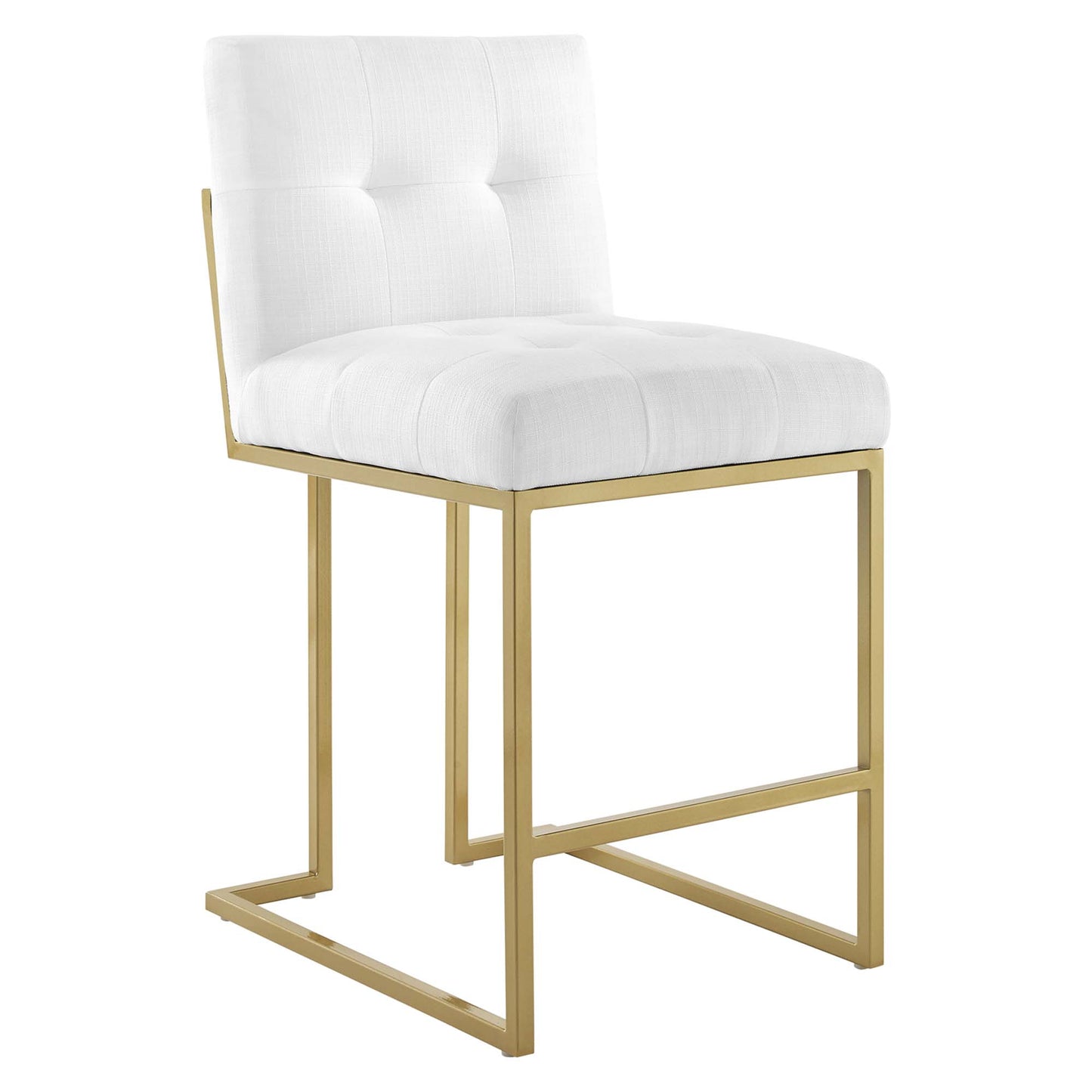 White tufted upholstered fabric counter stools with backrests, gold metal frames, and footrests; set of 2.