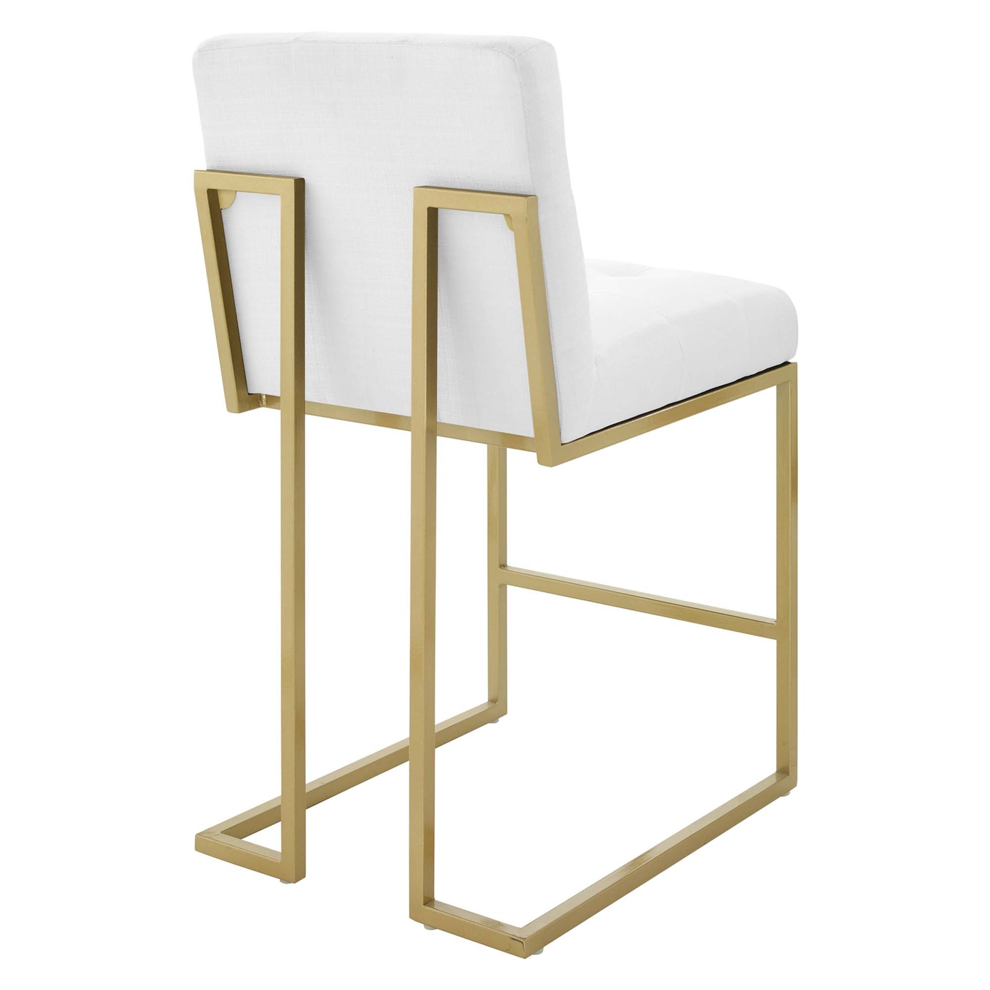 White upholstered counter stools with a gold geometric cantilever frame and backrests (set of 2).