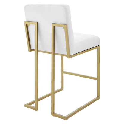 White upholstered counter stools with a gold geometric cantilever frame and backrests (set of 2).