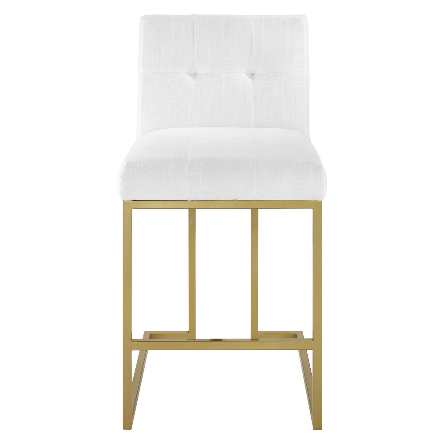 Gold-finish metal counter stool with white tufted upholstered seat and back, modern square-frame legs.