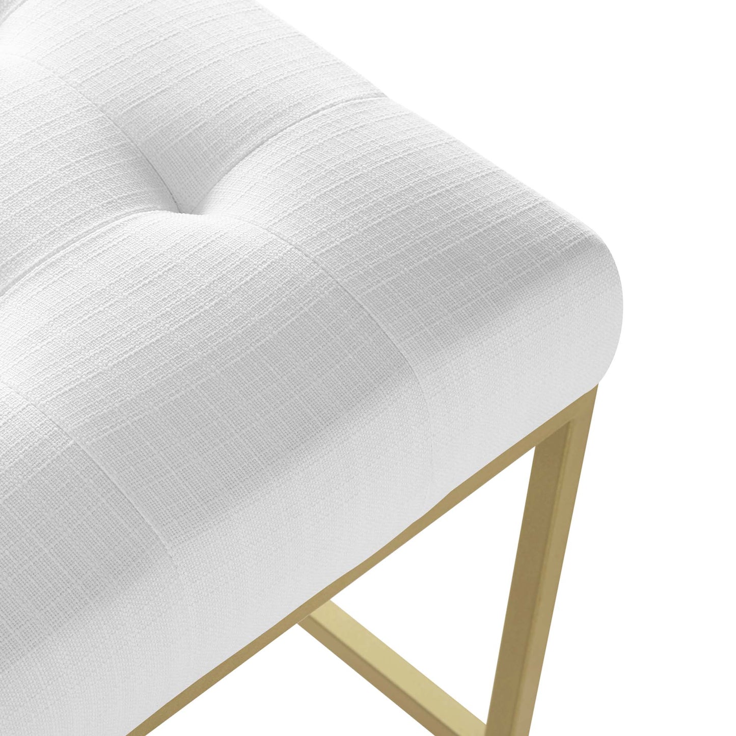Pair of white tufted fabric counter stools with gold-tone legs and crossbar support; set of 2.