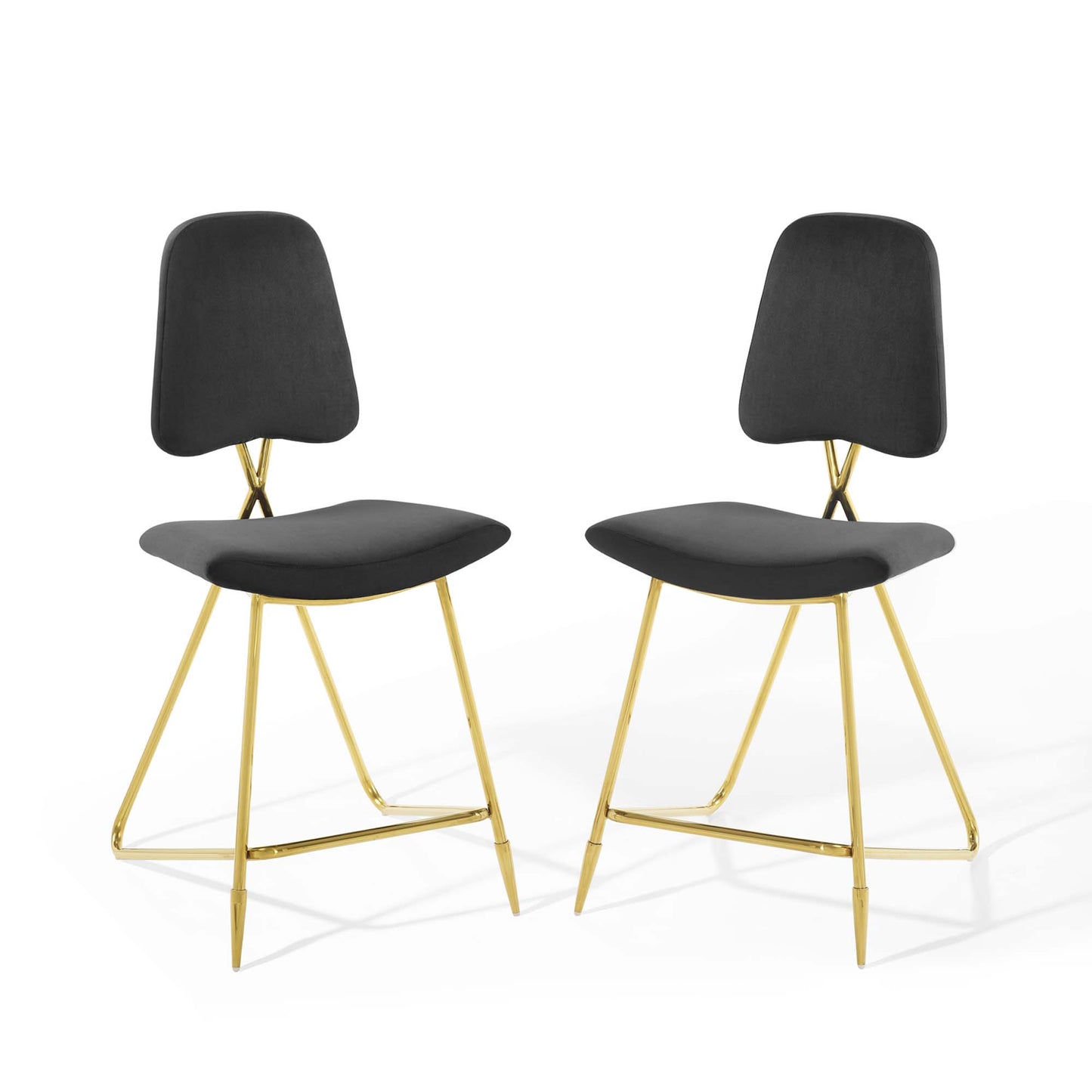 Pair of black velvet counter stools with gold metal legs and crisscross back supports.
