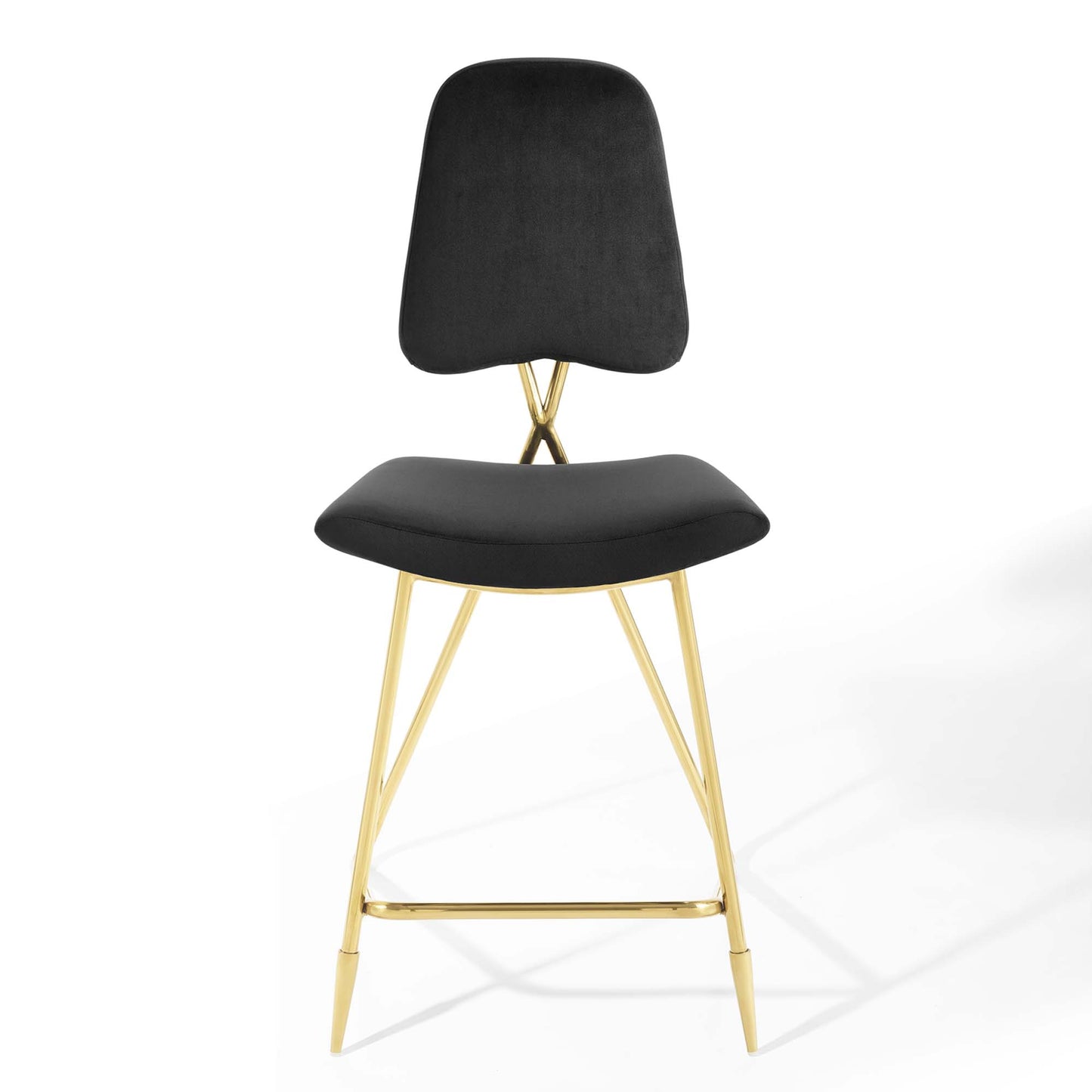 Black upholstered counter stools with curved backrests & seats, gold metal legs & footrest, mid-century style, set of 2.