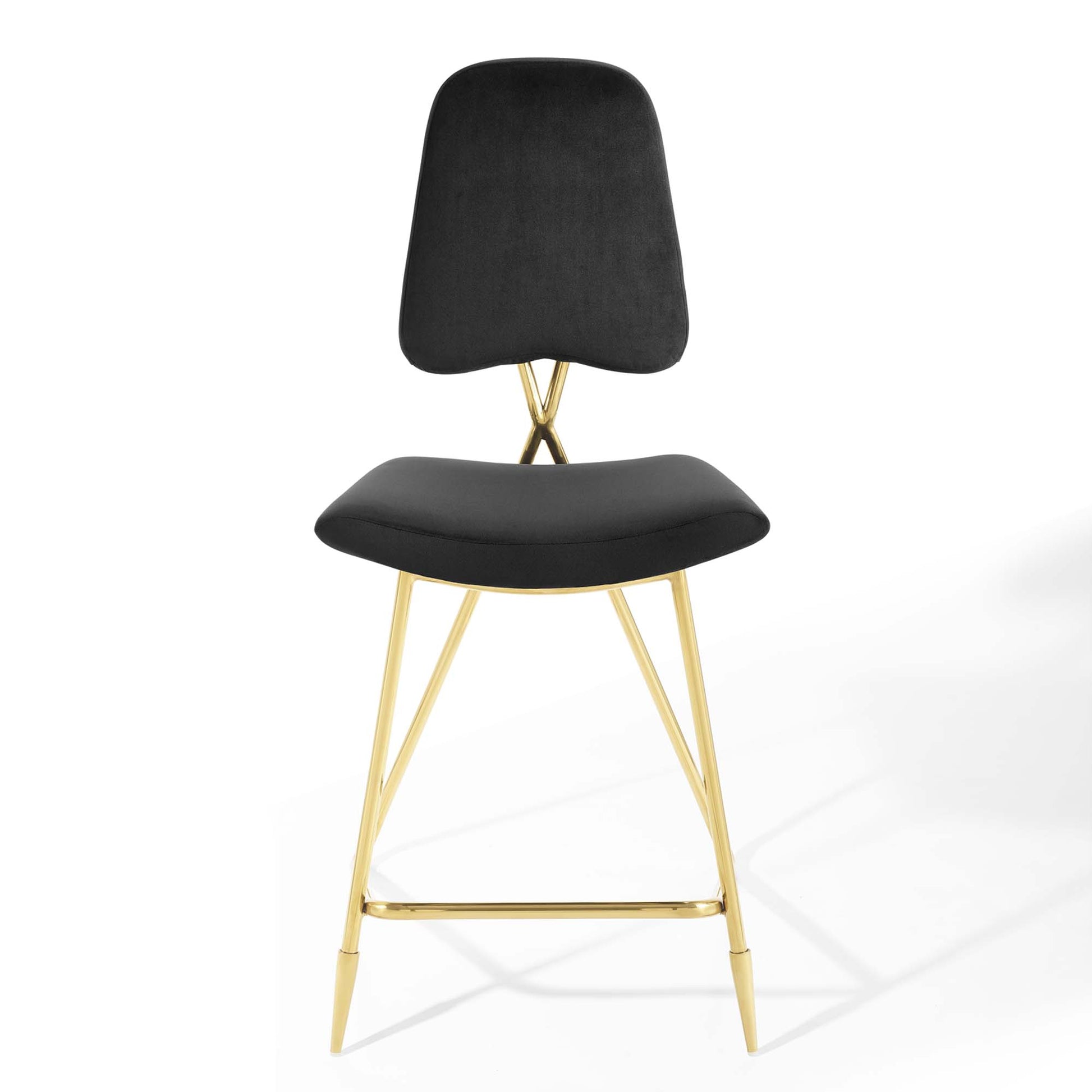Black upholstered counter stools with curved backrests & seats, gold metal legs & footrest, mid-century style, set of 2.
