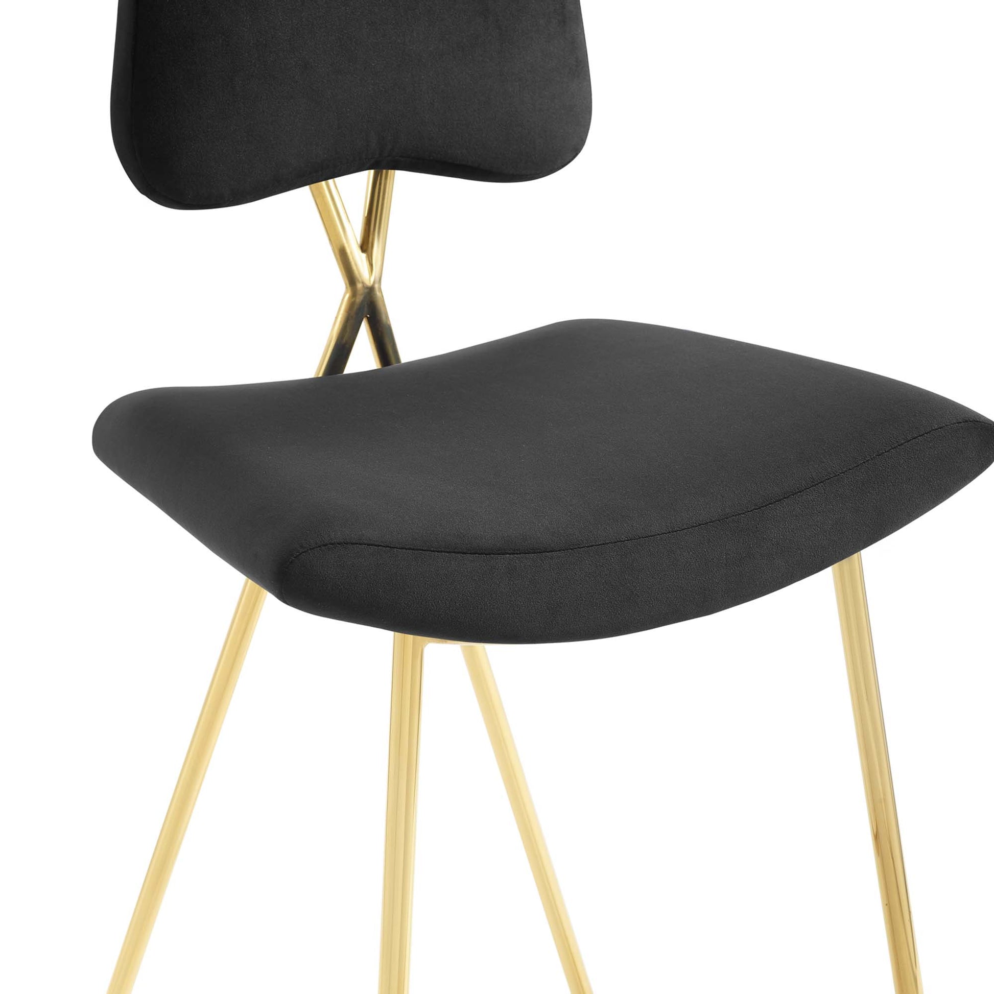 Black velvet counter stools set of 2 with curved seats and backrests on gold metal legs.