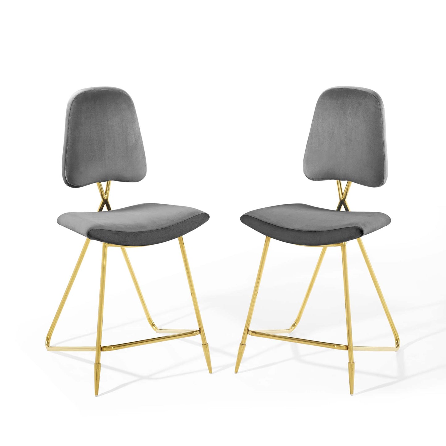 Pair of gray upholstered counter stools with gold-tone metal legs and crossbar footrest.