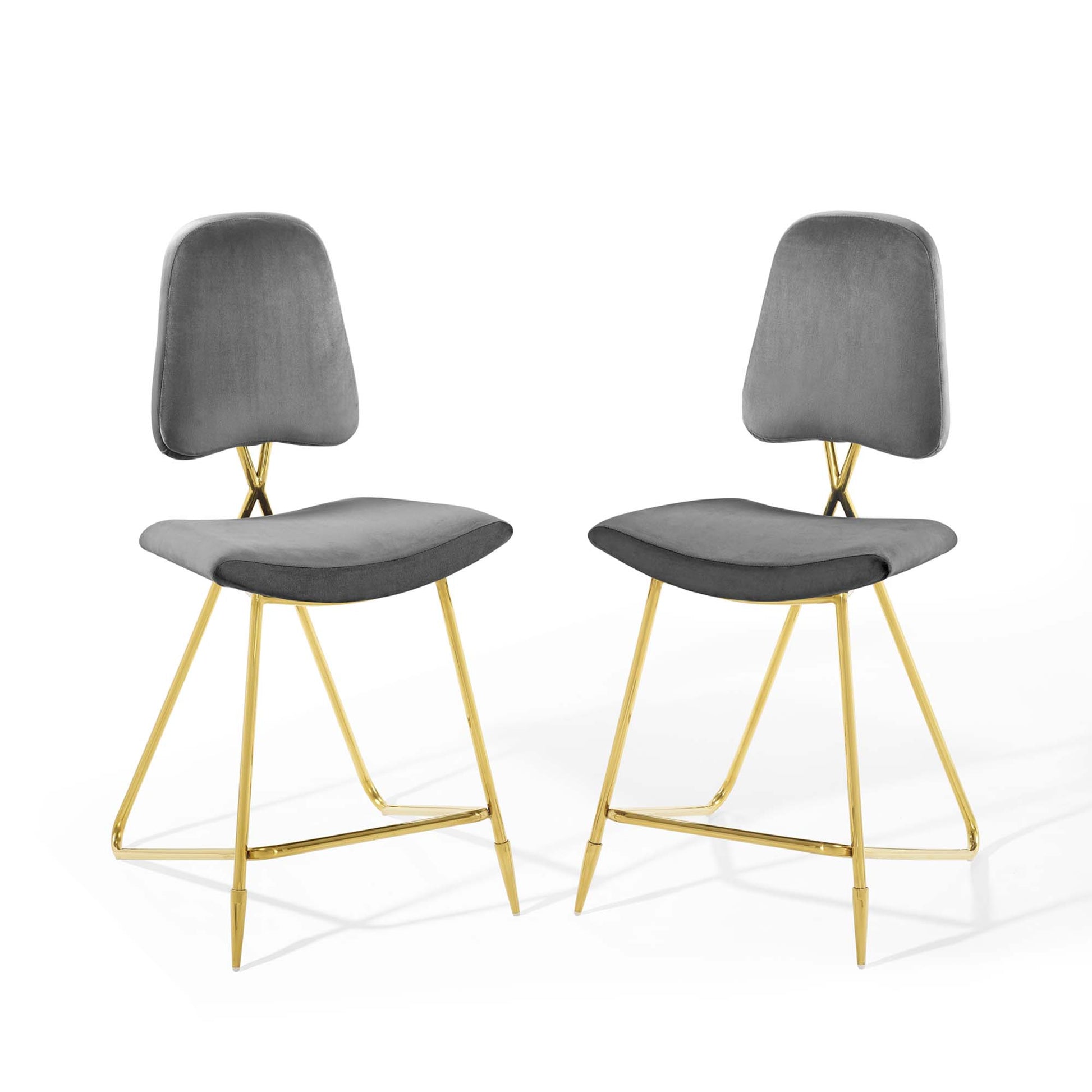 Pair of gray upholstered counter stools with gold-tone metal legs and crossbar footrest.