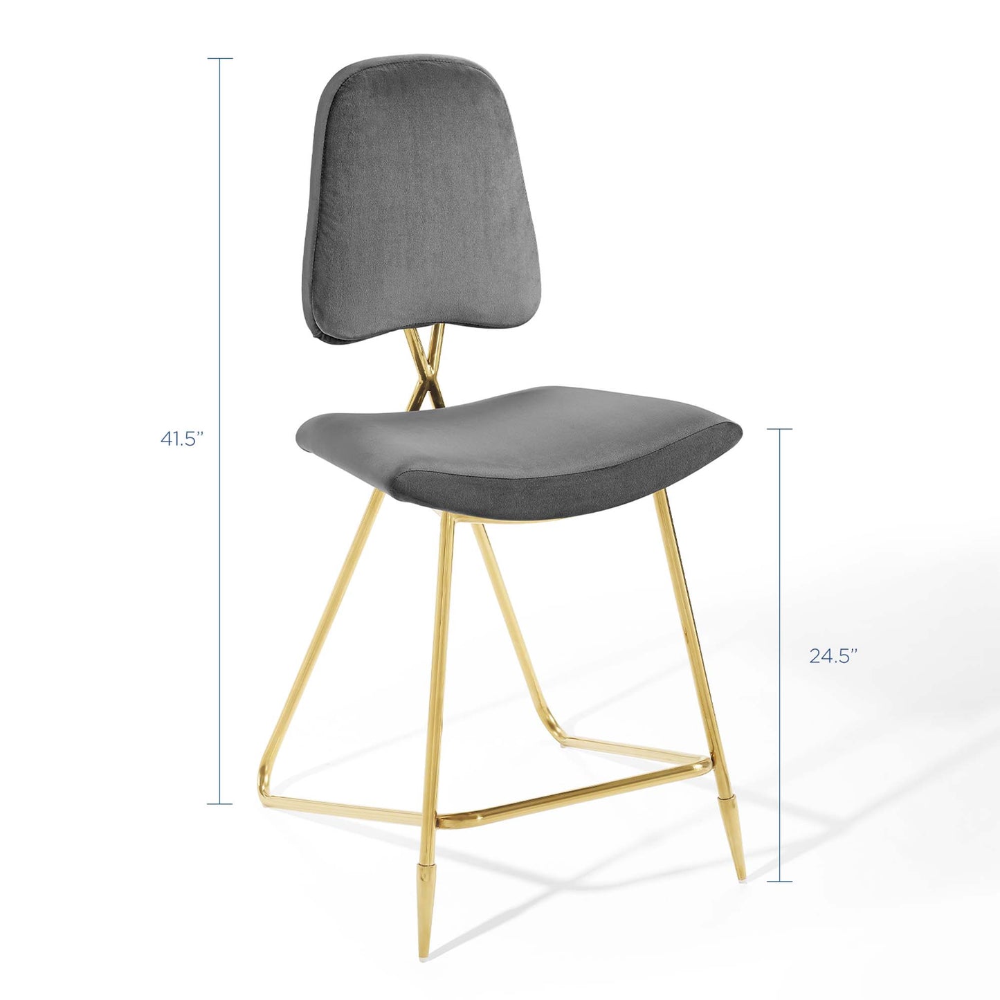 Grey upholstered counter stools with gold-tone metal sled legs, curved backs and cushioned seats. Set of 2.