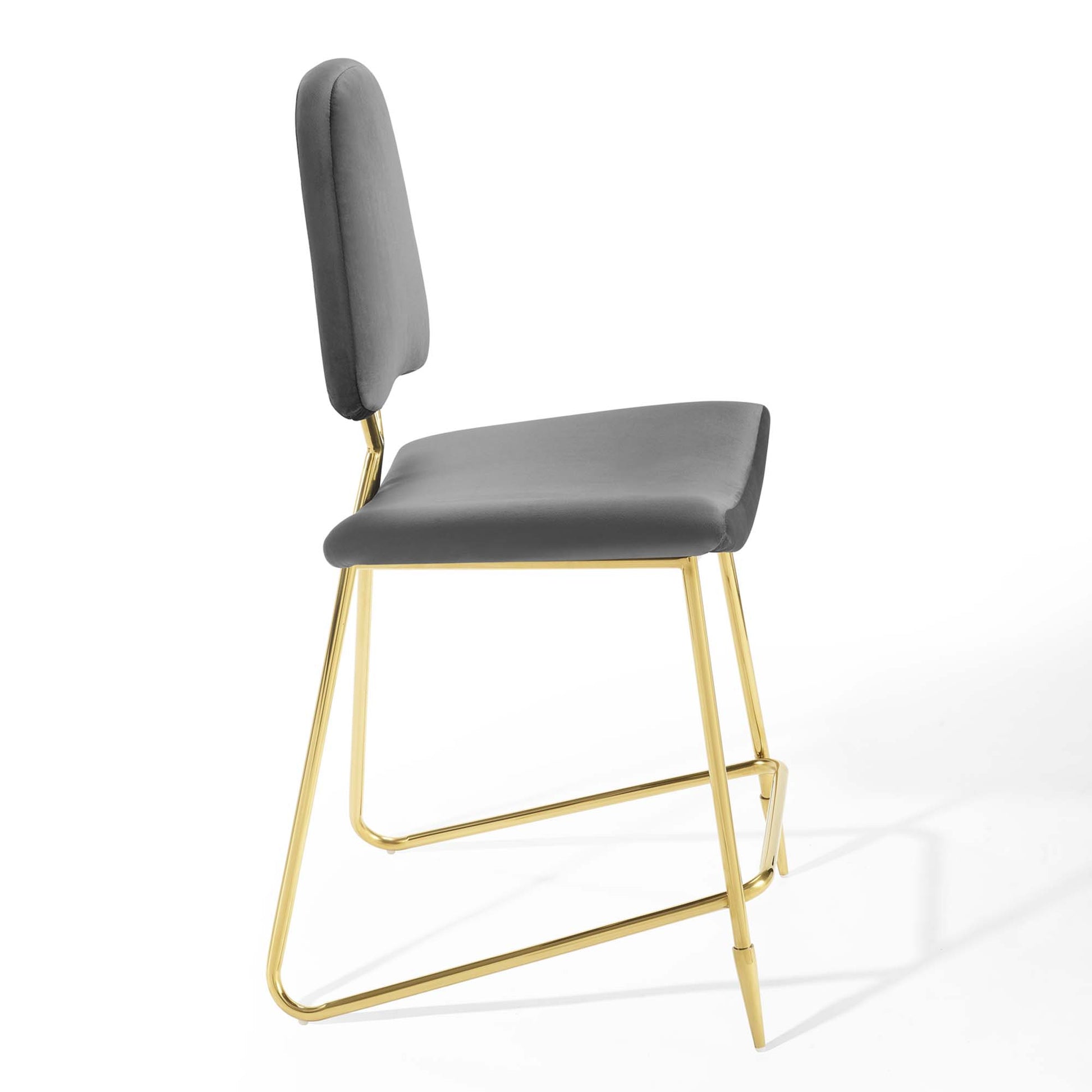 Grey upholstered counter stools with tall padded back and gold metal sled bases, modern minimalist design, set of 2.