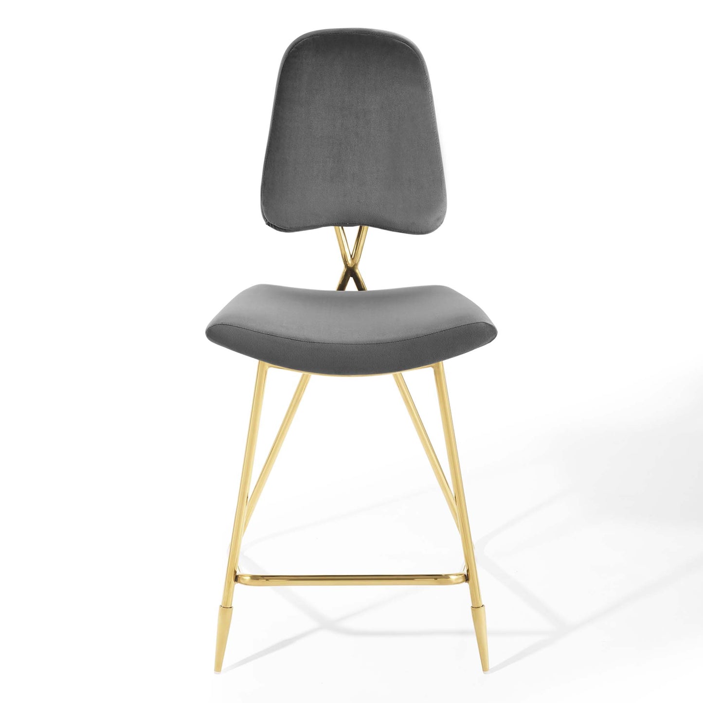 Gray velvet padded counter stool with curved back, gold-tone legs and footrest.