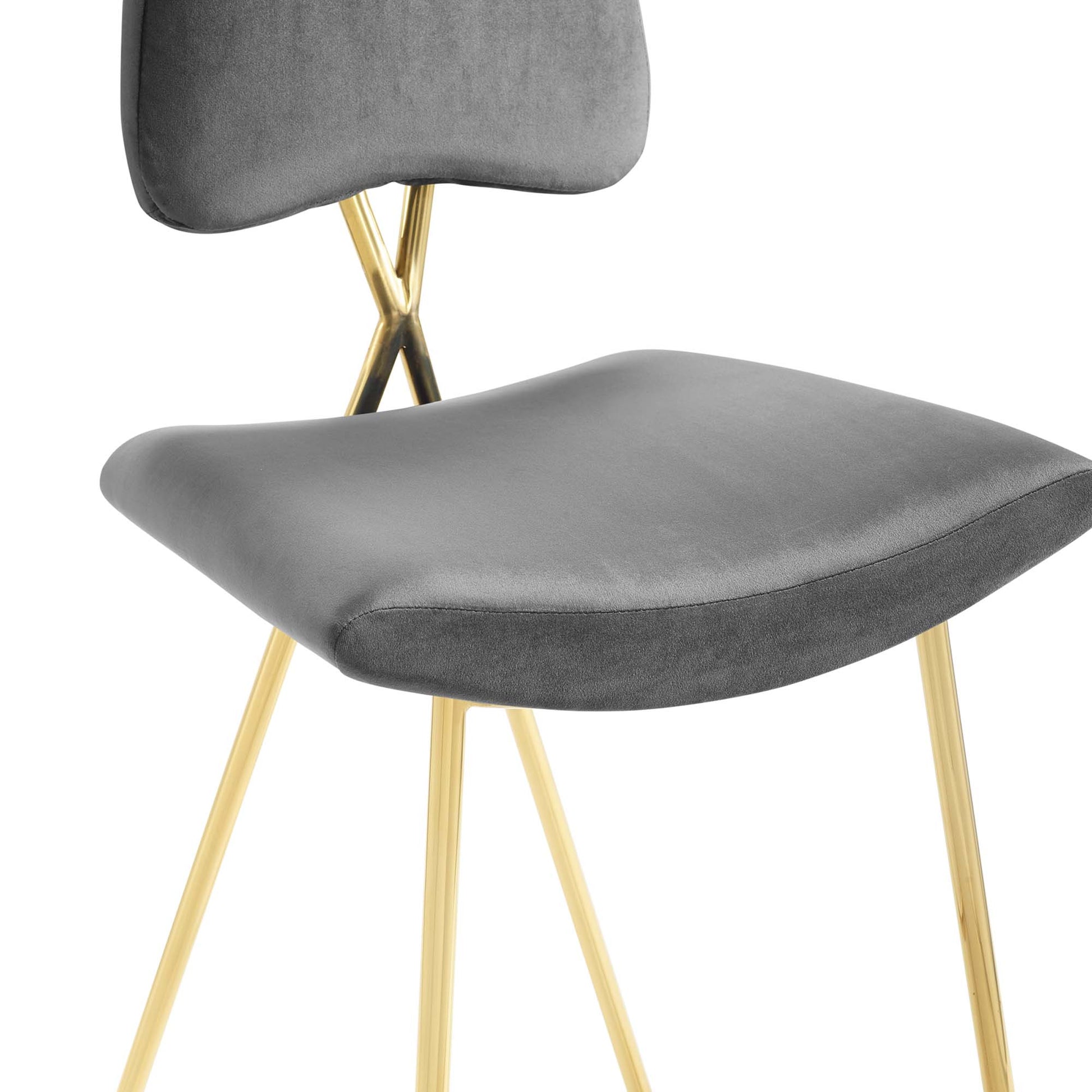 Gray velvet counter stools with curved seats and backs and gold-tone metal legs; set of 2.