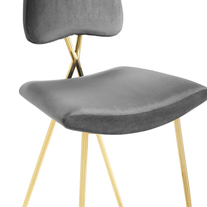 Gray velvet counter stools with curved seats and backs and gold-tone metal legs; set of 2.