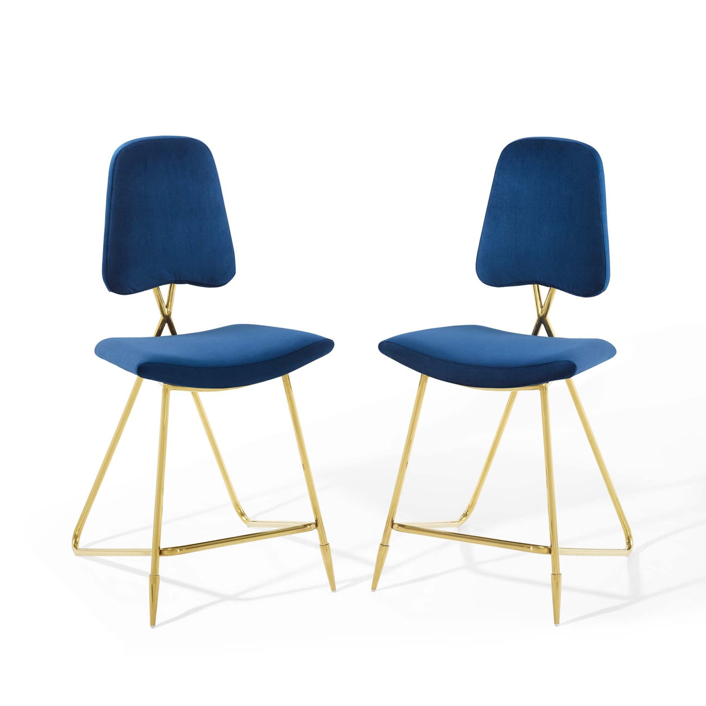 Pair of navy velvet counter stools with curved backrests and gold metal legs.
