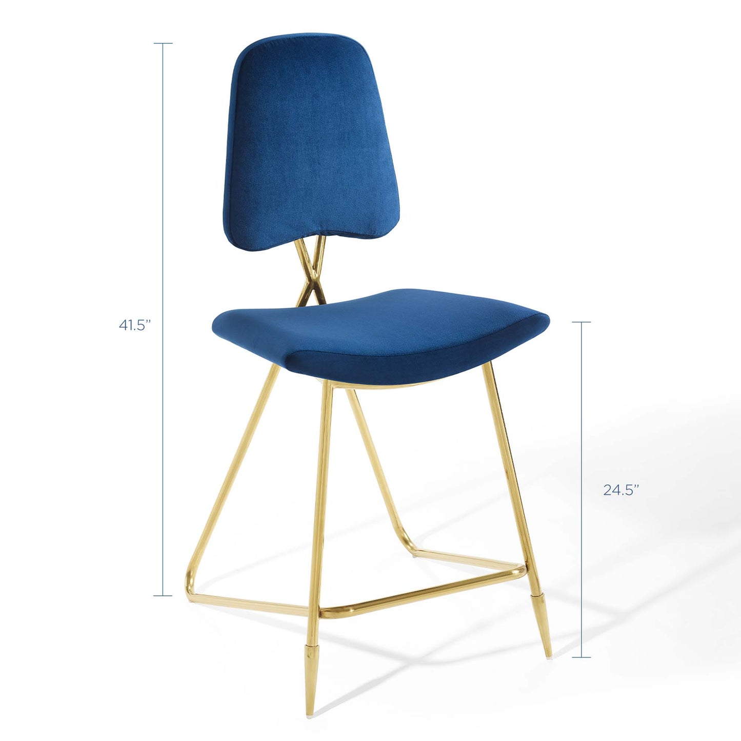 Navy blue velvet counter stools with gold metal sled legs and curved backs, set of 2, mid-century modern style.