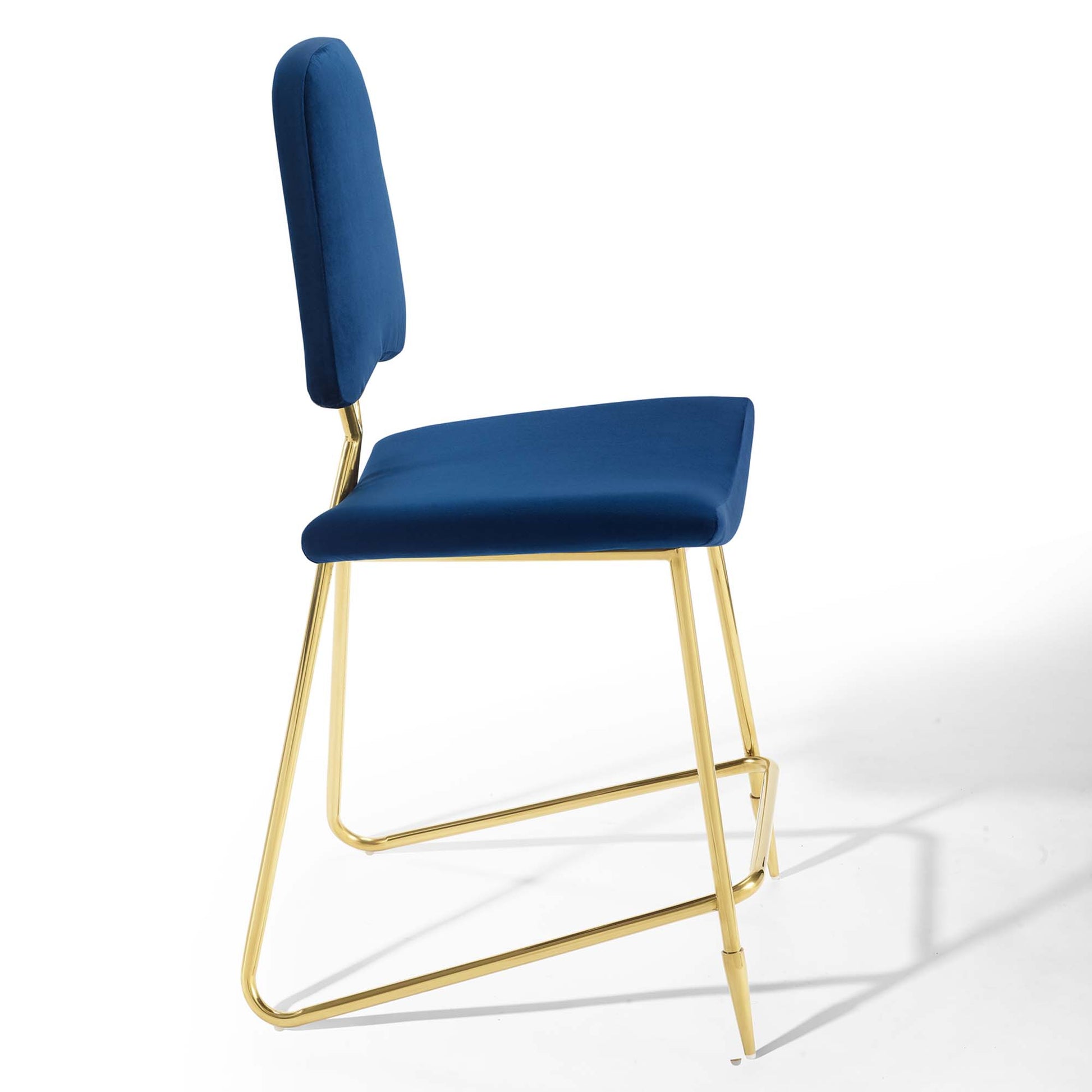 Navy blue velvet counter stools with tall backrests, gold metal frames and sled-style legs, set of 2.