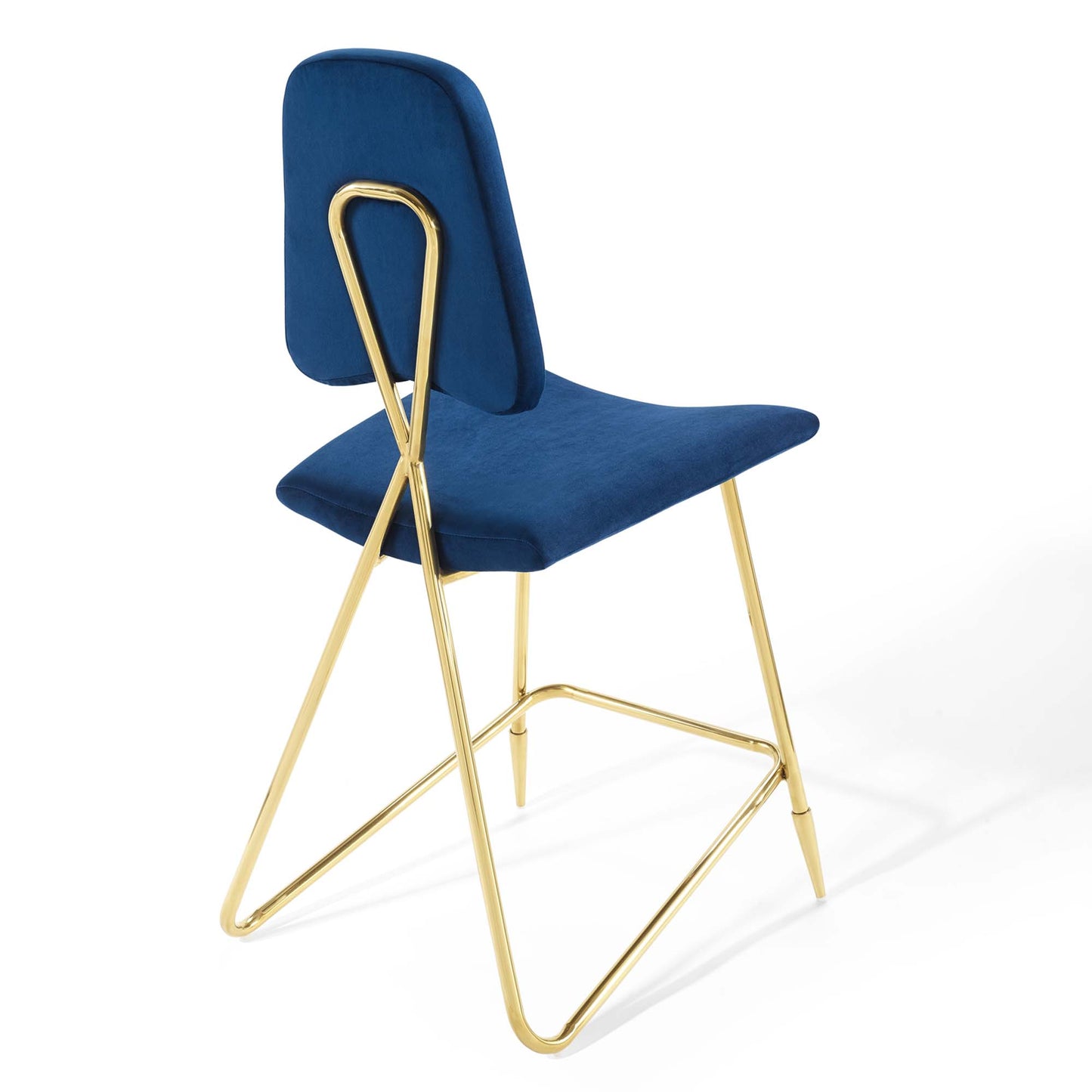 Navy velvet counter stools with gold-tone metal sled bases and curved backrests, set of 2.