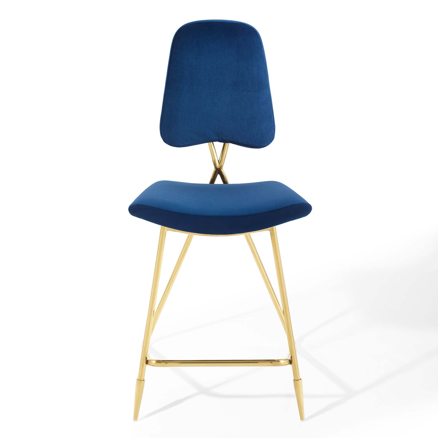 Navy blue velvet counter stools with curved backrests and seats, gold metal legs and footrests, set of 2