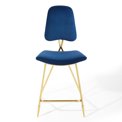 Navy blue velvet counter stools with curved backrests and seats, gold metal legs and footrests, set of 2