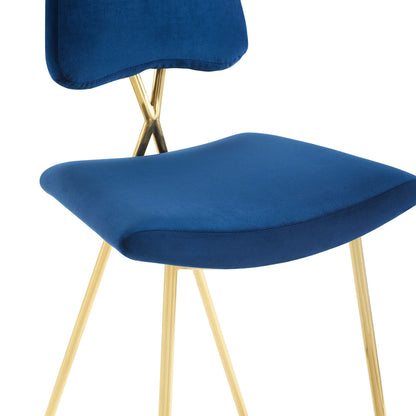 Navy blue velvet counter stools with curved seat and back, gold metal legs, mid-century modern design, set of 2