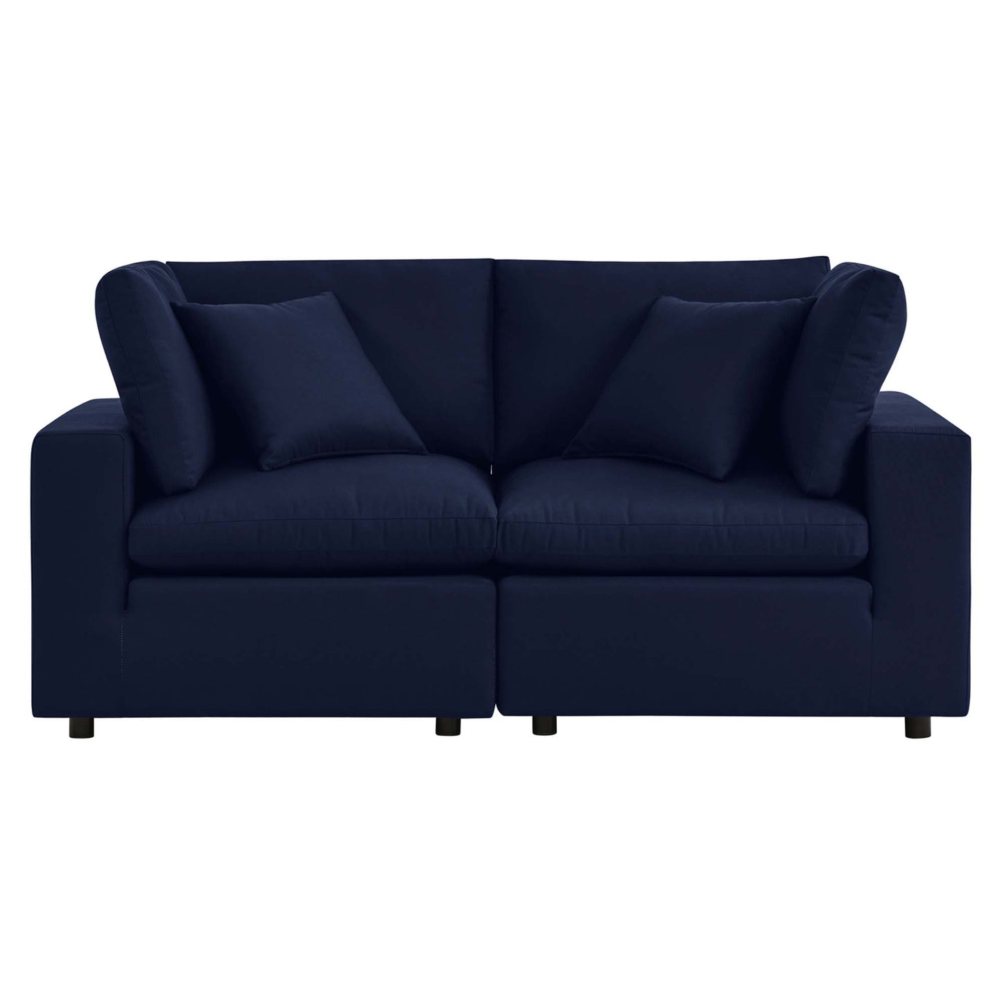 Navy blue fabric 2-seat sofa with square arms, two back cushions and two bolster pillows.
