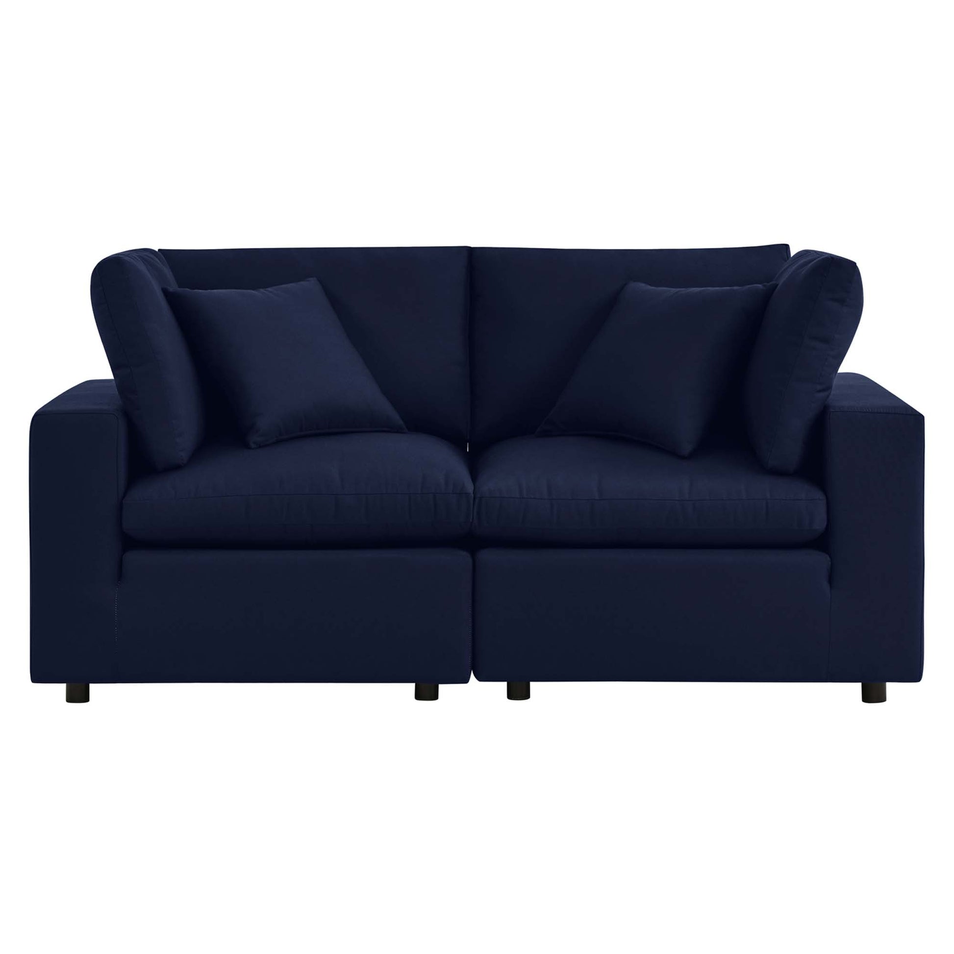 Navy blue fabric 2-seat sofa with square arms, two back cushions and two bolster pillows.
