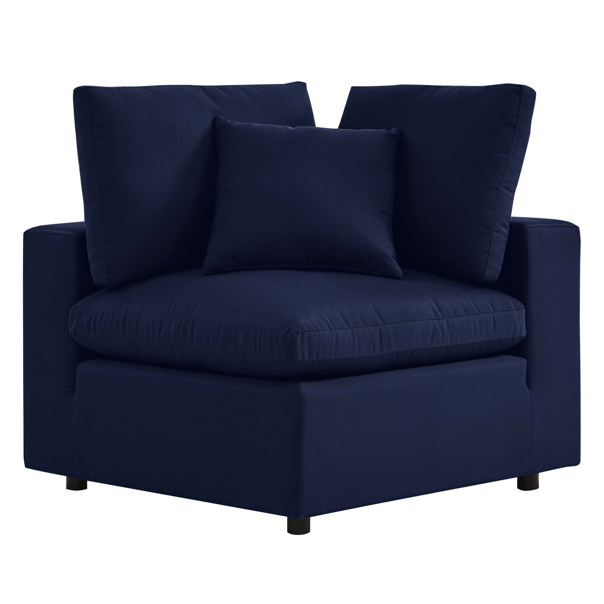 Navy blue fabric outdoor loveseat with a thick cushioned seat, two back cushions and a small pillow; modern boxy frame