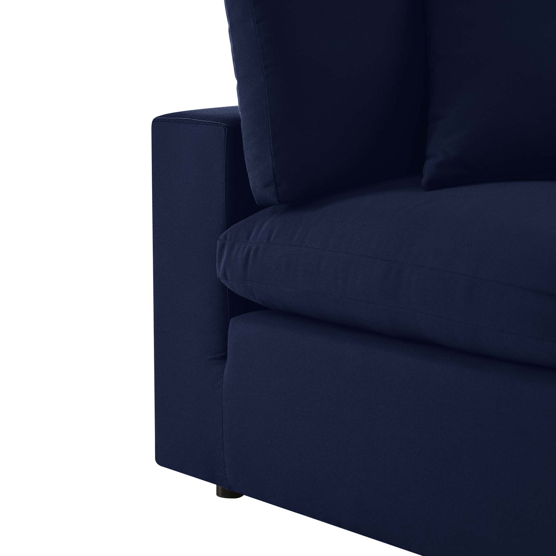 Navy blue outdoor patio loveseat with square arms and cushioned seating.