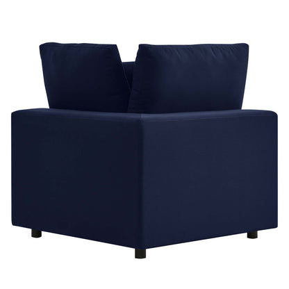 Navy blue square-arm outdoor patio loveseat with two back cushions, fabric upholstery, low block legs, modern compact design.