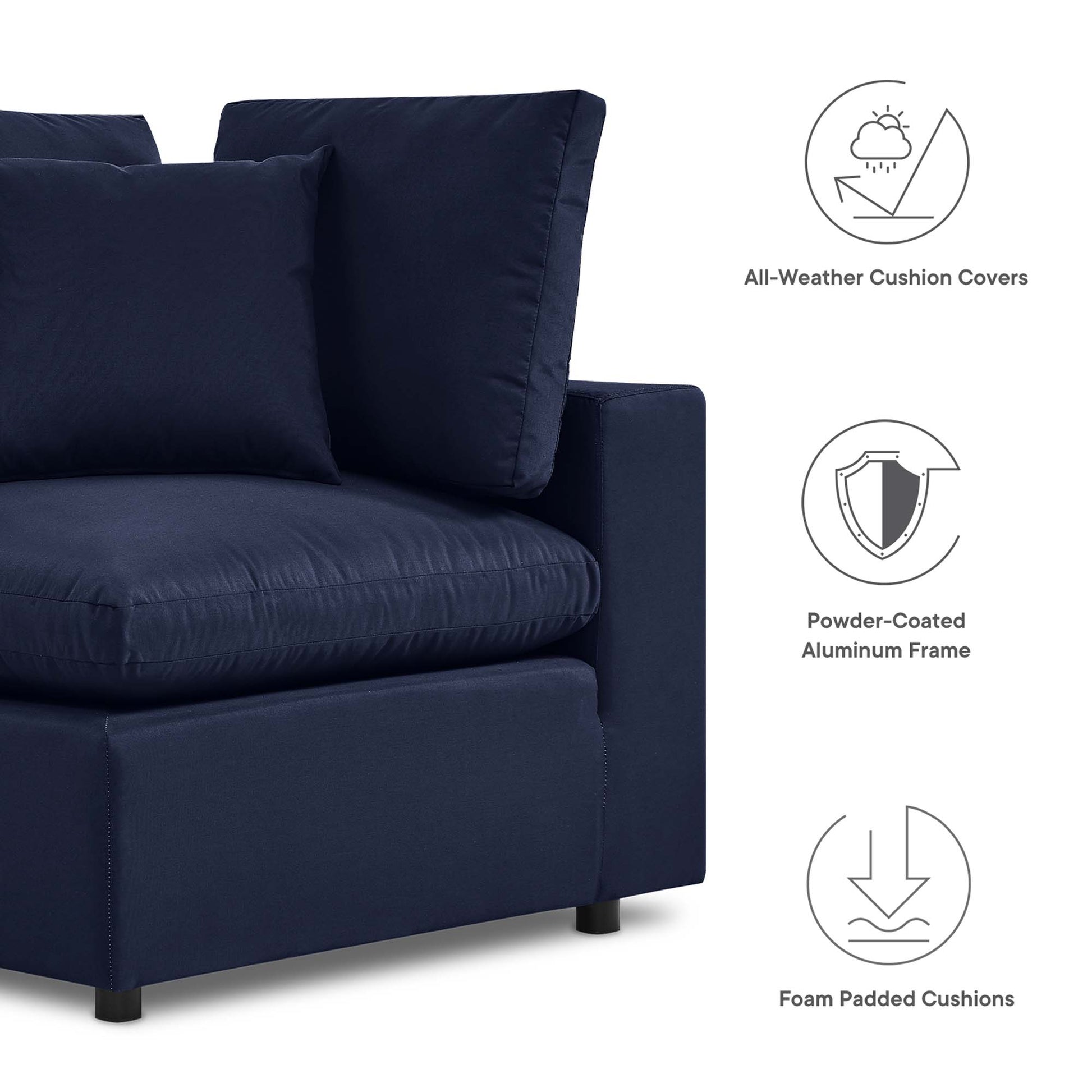 Navy outdoor loveseat with foam-padded cushions, square arms, and a powder-coated aluminum frame.