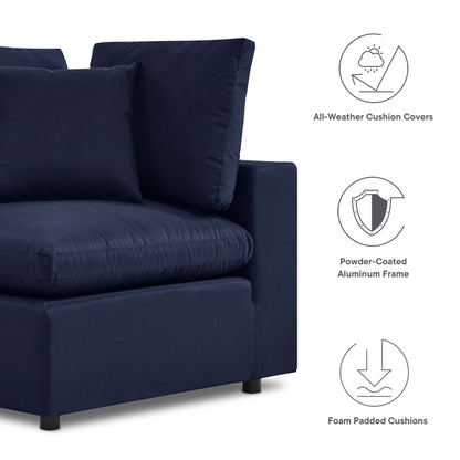 Navy outdoor loveseat with foam-padded cushions, square arms, and a powder-coated aluminum frame.