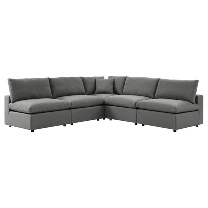 Brown outdoor patio sectional sofa, a 5-piece set with plush cushions and low-profile metal legs.