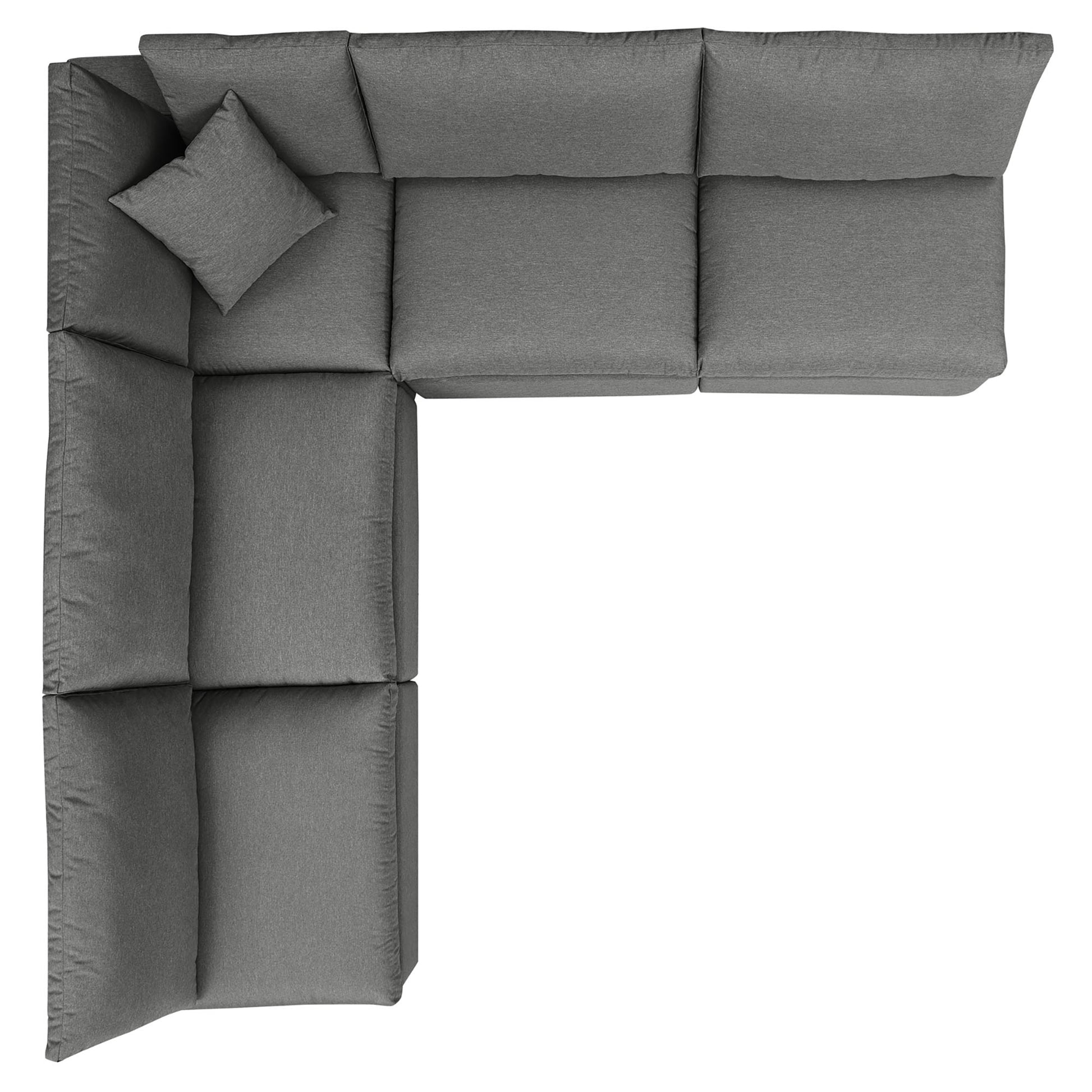 Top-down view of a brown outdoor fabric 5-piece sectional with a chaise on the left.