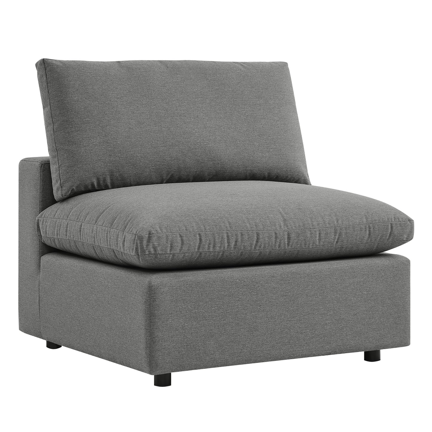 Brown fabric outdoor patio sectional sofa, 5-piece, with thick seat and back cushions on a boxy, low-profile frame.