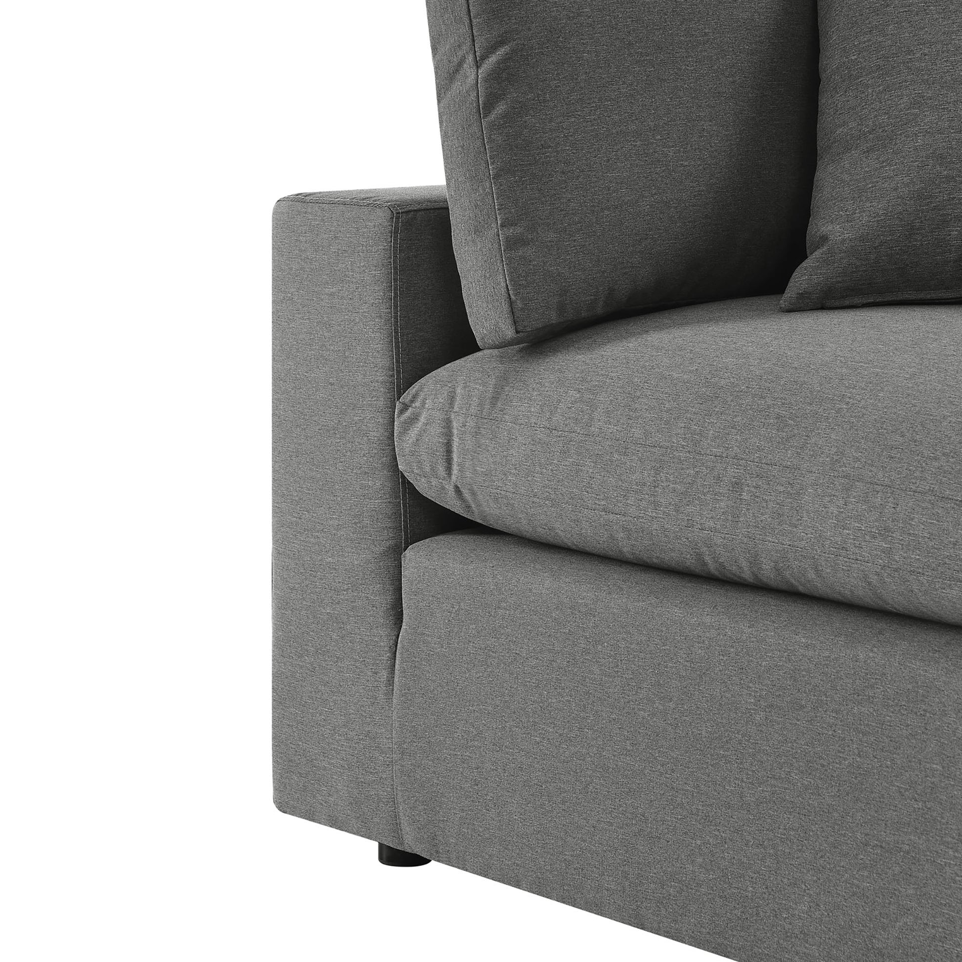 Gray fabric outdoor sectional sofa with square arms and cushioned seat and back.