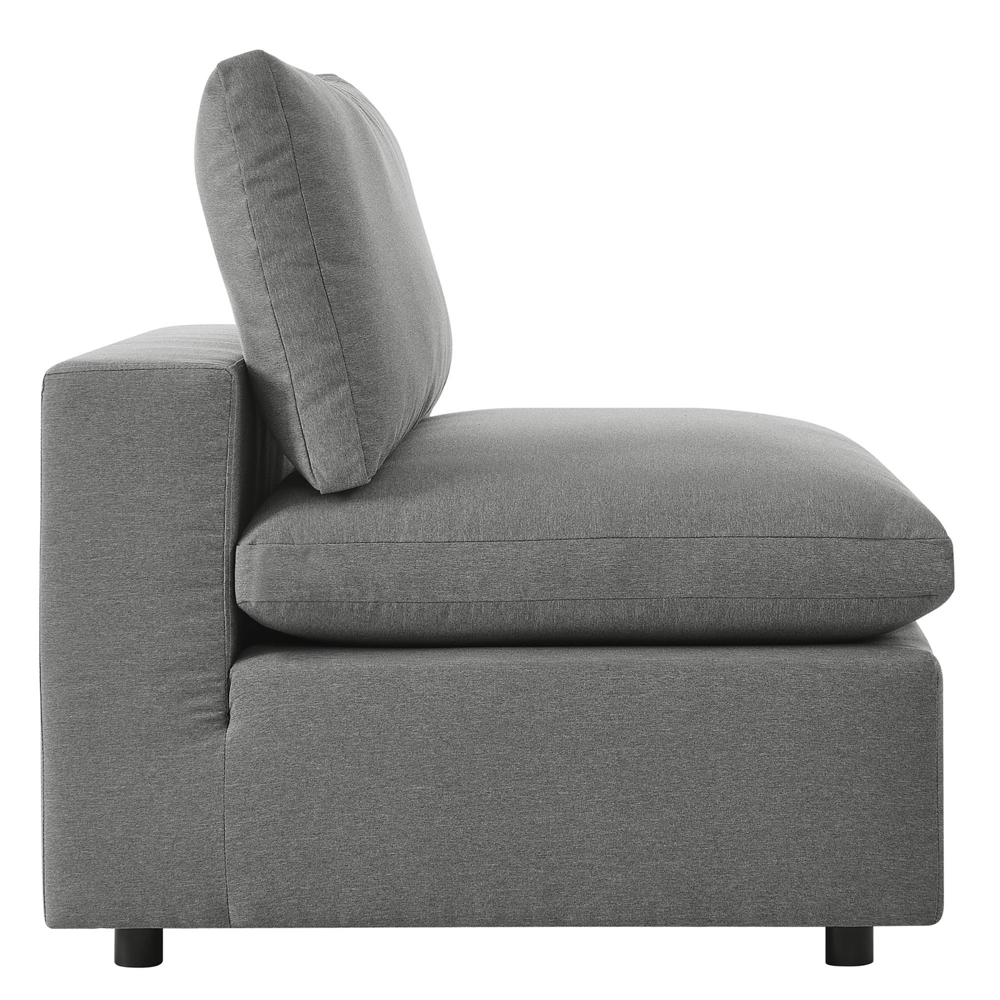Brown outdoor patio sectional sofa with modular seating, square-arm design and thick cushions.