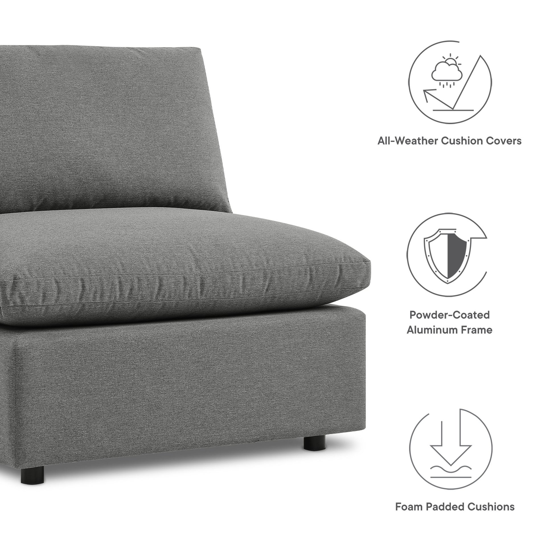 Brown 5-piece outdoor sectional sofa with foam-padded cushions, powder-coated aluminum frame, all-weather cushion covers.
