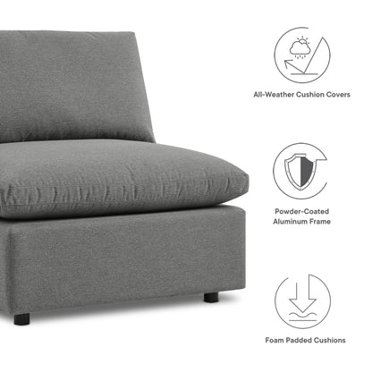 Brown 5-piece outdoor sectional sofa with foam-padded cushions, powder-coated aluminum frame, all-weather cushion covers.
