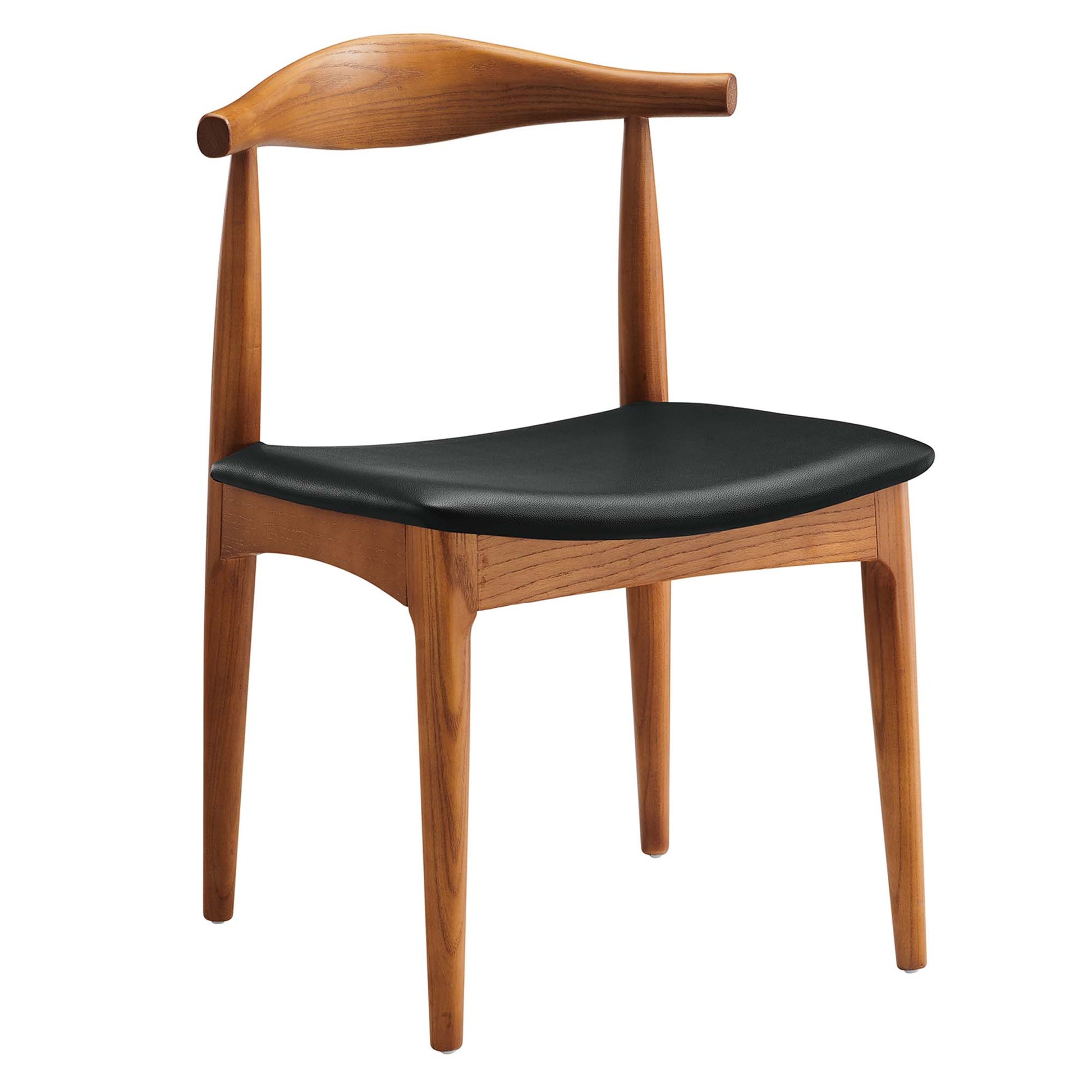 Teak wood dining chair with curved backrest, black leatherette seat, tapered legs; mid-century modern design.